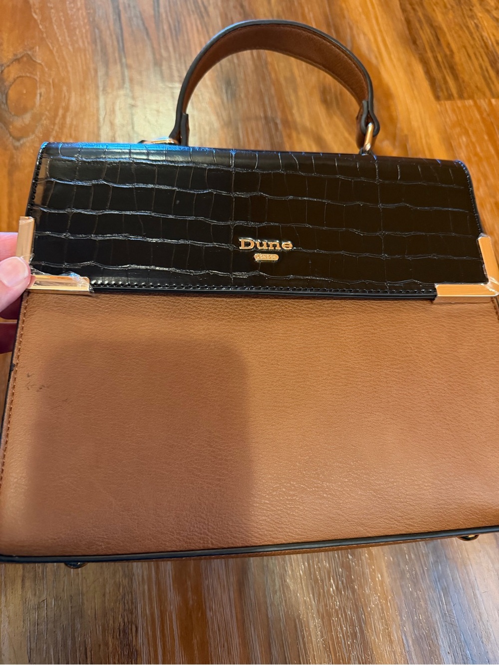 Dune Two-Tone Black Croc & Brown Top-Handle Satchel